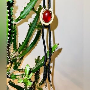 RARE Vintage Bolo Tie - red stone with gold horseshoe border